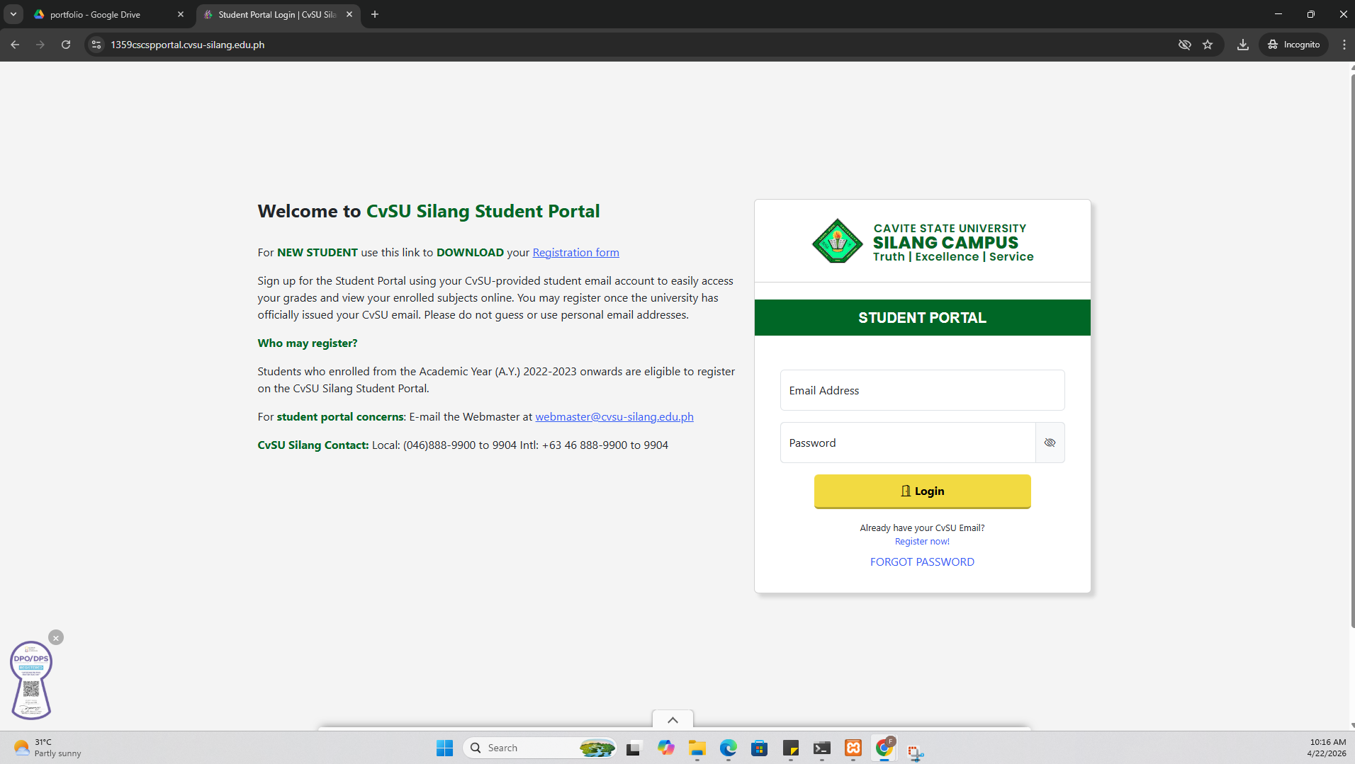CVSU CSC Student Portal Desktop Preview