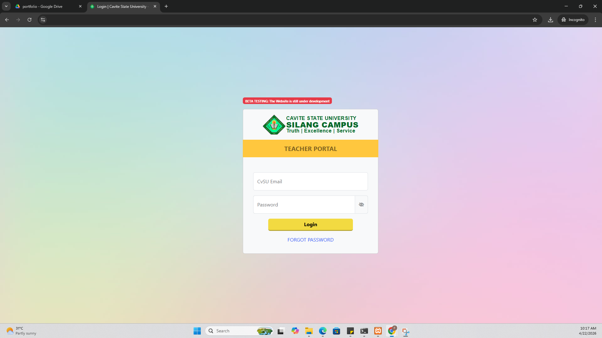 CVSU CSC Teacher Portal Desktop Preview