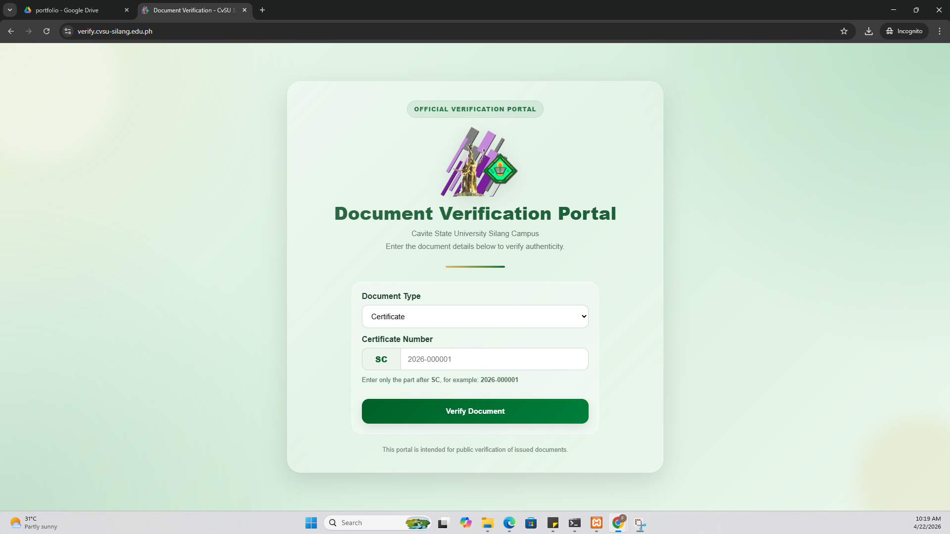 CVSU CSC Document Verifier Portal Desktop Preview