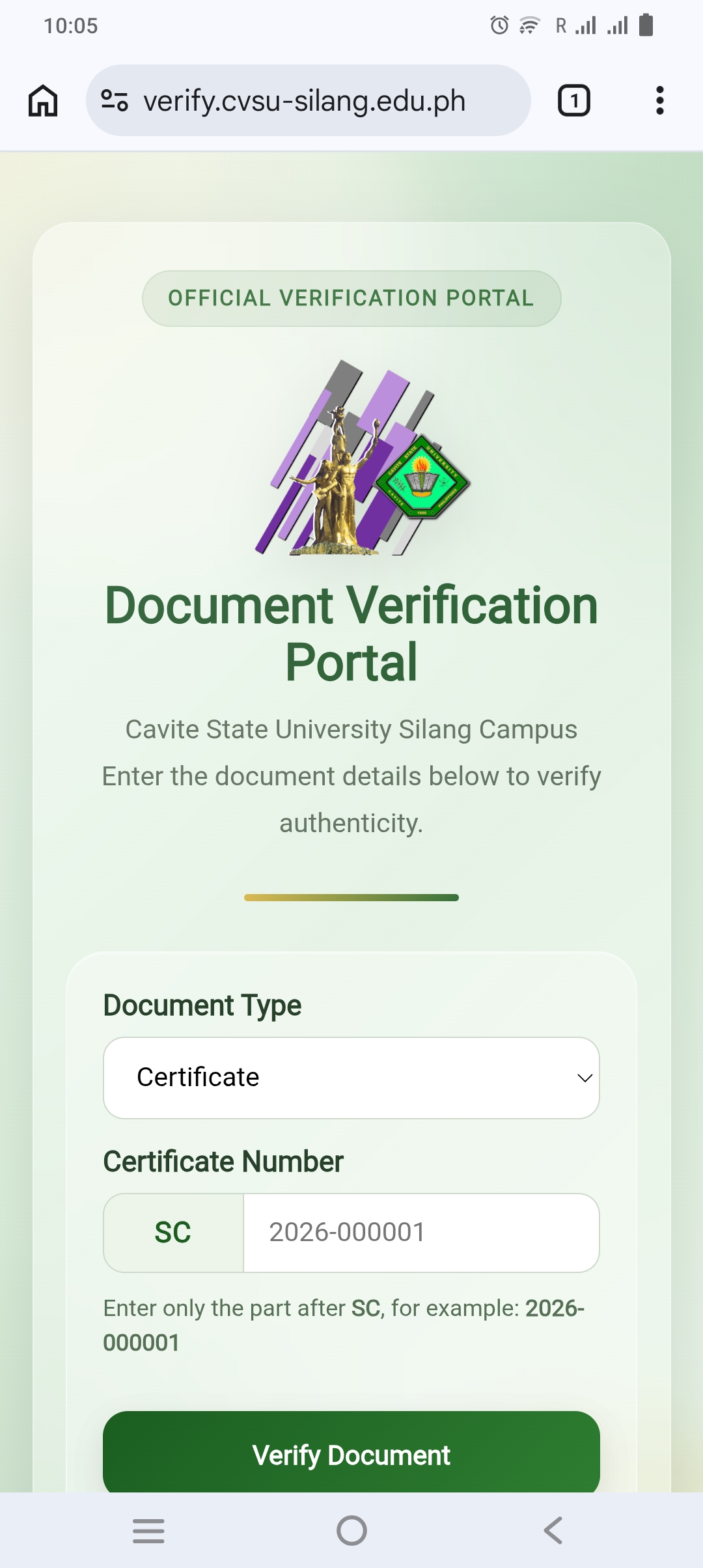 CVSU CSC Document Verifier Portal Mobile Preview